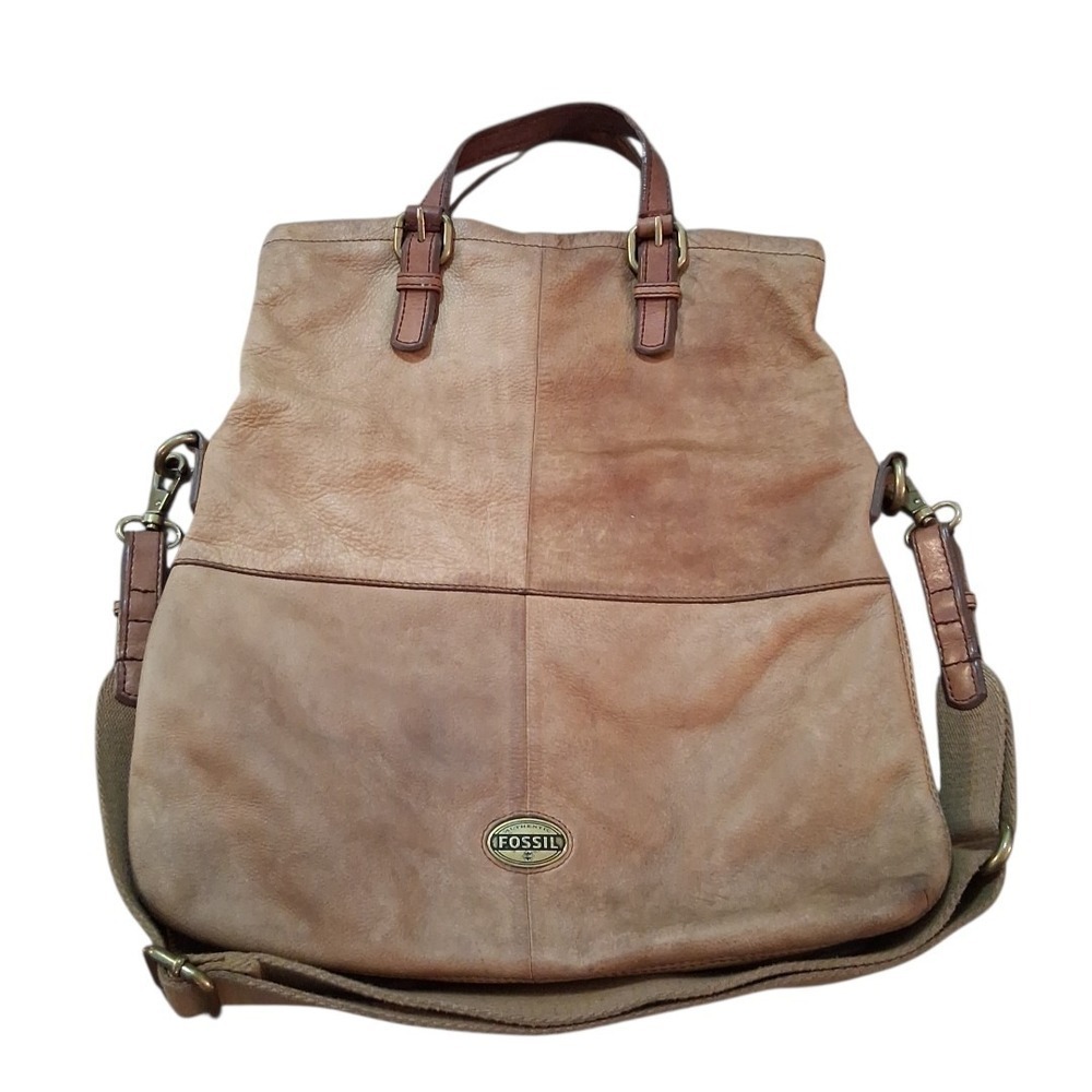 Fossil Explorer Tan Leather Fold Over Messenger Tote Crossbody Bag Unisex READ